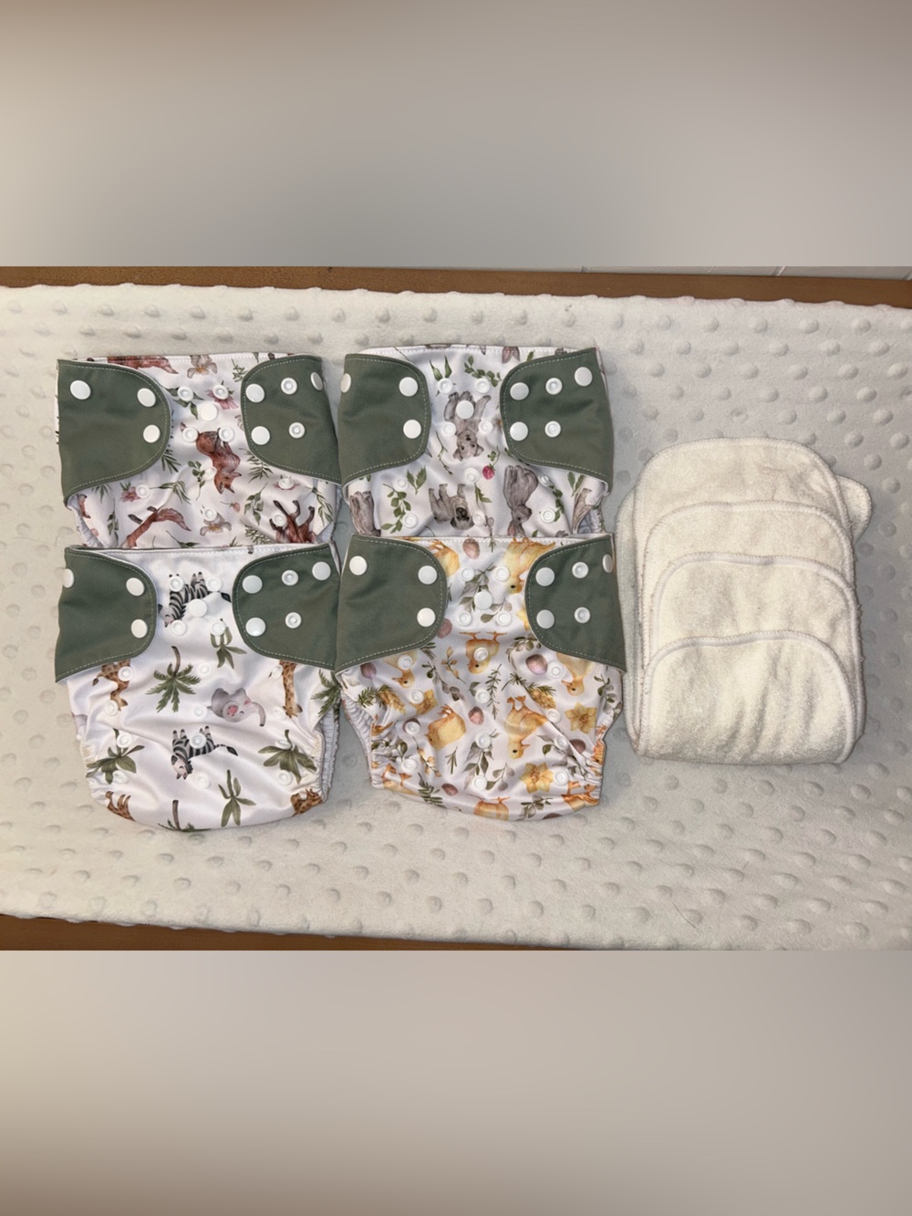 Olive Green & White Baby Cloth Diaper Cover with Animal Print